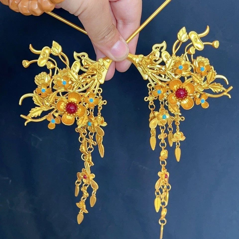 Handmade Double Lotus Tassel Hairpin Chinese Hanfu Bridal Wedding Headdress - Image 3 of 3