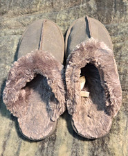 Women's Gray Suede Slip-On Slippers Faux Fur Lined Closed Toe Flat US 9