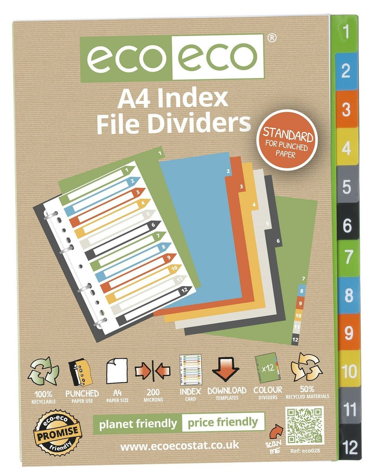 eco eco A4 1-12 File Dividers Plastic Assorted Colour Tabs