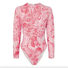 MARA HOFFMAN Reese Rashguard Swimsuit S Red Pink Paisley Long Sleeve 1Pc NWT