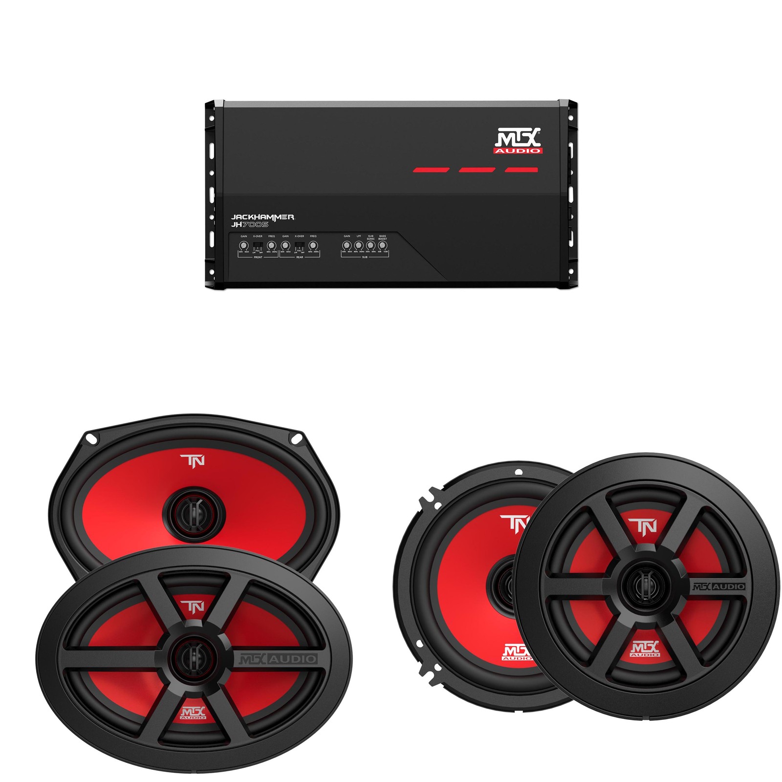 MTX Audio JH7005 Jackhammer 5 Ch. Amp, (2) TERMINATOR 6x9" Coaxial & 6.5" Coa...