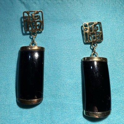 Vintage Gold And Black Jade Onyx Earrings Asian Lettering GSJ 