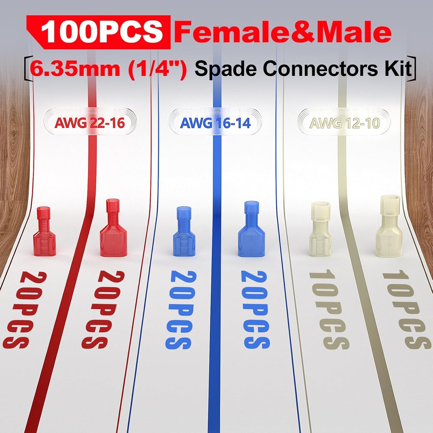 UL Listed Nylon Spade Quick Disconnect Connectors Kit, 22-10 Gauge Male and Fema