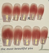 10 PCs Handmade Nails Blush Pink Shimmering French Tip Medium Length Coffin Sz L