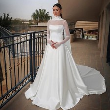 Elegant Satin Wedding Dress ALine High Neck Long Sleeves Pleated Bride Prom Gown