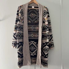 Northern Angel Sweater Cardigan Womens M Gray Black Aztec Open Front JMT6130