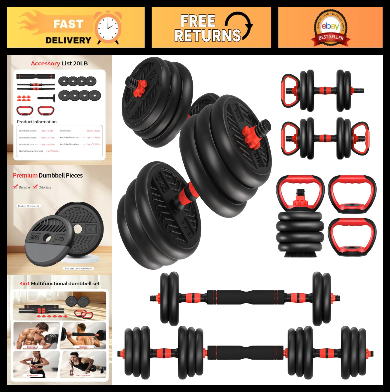 Adjustable Dumbbells Set 20-80lbs, 4-in-1 Free Weights for Home Gym, Barbell/Ket