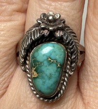 VTG Sterling Silver Turquoise Navajo Ring Feather Flower Sz 6.25