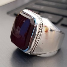 Cushion cut yemeni aqeeq ring for men set in a beautiful sterling silver 925