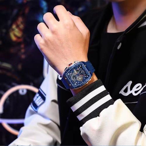 Orologio Da Polso Curren 8442 Uomo Analogico Quarzo Lusso Blu Cinturino Silicone - Foto 4 di 5