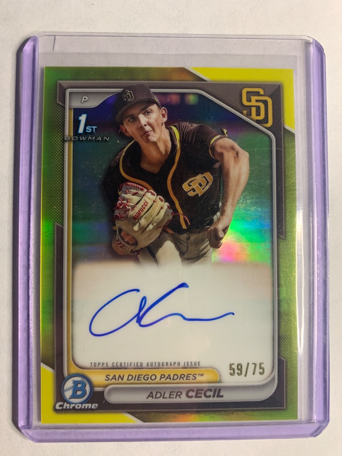 Adler Cecil Auto 2024 1st Bowman Chrome #CPA-CA Yellow Refractor #D /75 SSP