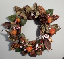 Vibrant 16" Fall Harvest Wreath - Pinecones, Faux Pomegranates Feathers