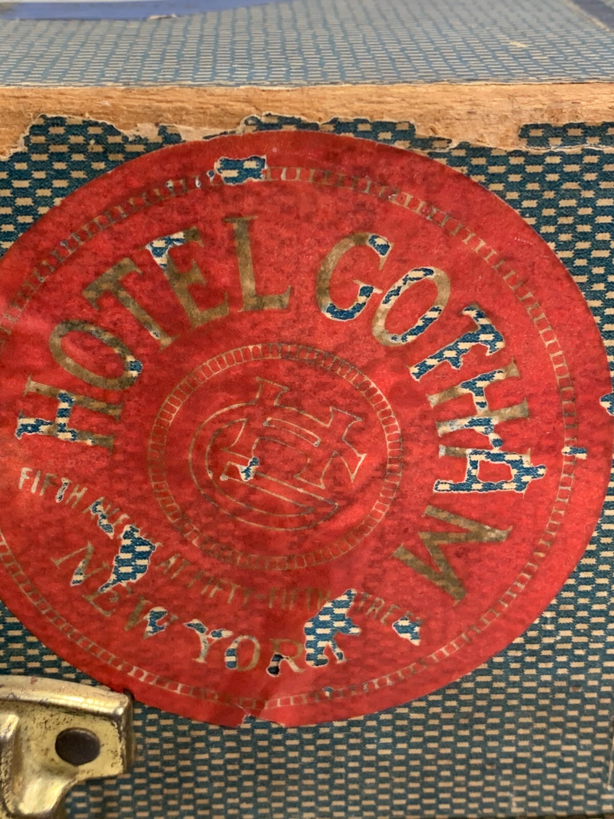 1930's Composite DOLL TRUNK Brass Knuckle Corners Pin Stripe pattern 13"x8"x8"