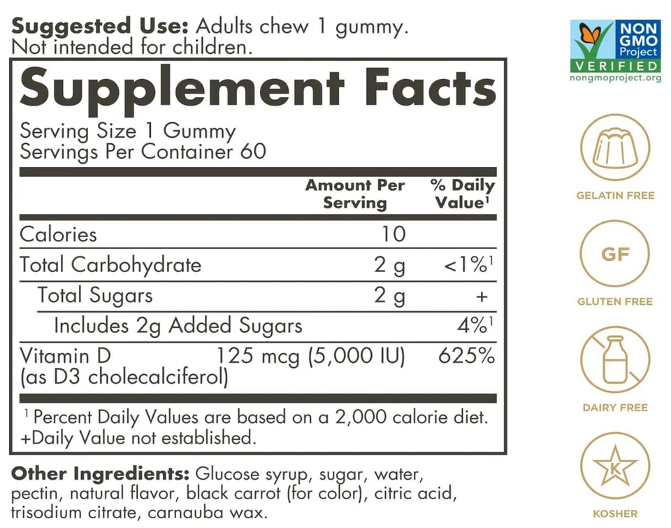 Жевательные резинки Solgar с витамином D3 для взрослых 5000 МЕ ультраэффективные витамин для иммунной системы - Изображение 2 из 4