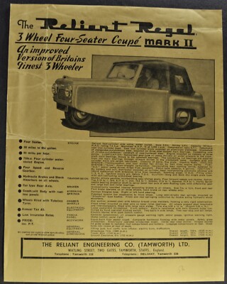 1956 Reliant Regal Mark II Sales Brochure Sheet Original 56