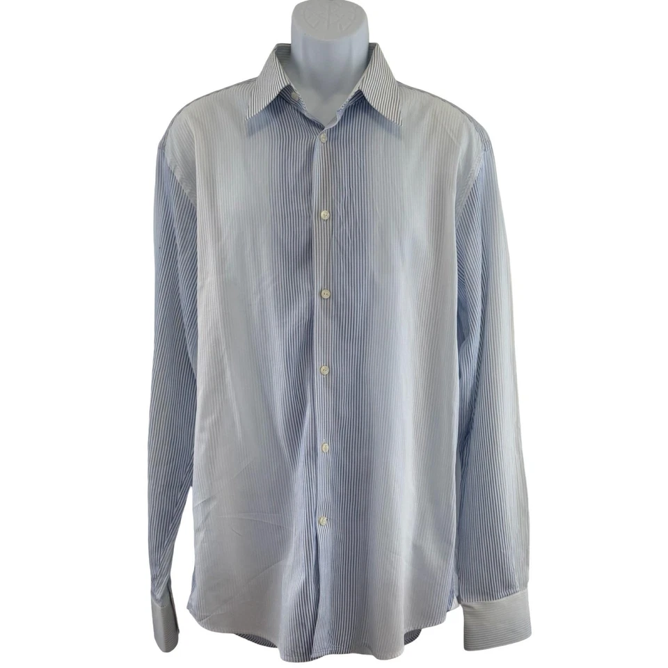 Camisa social Versace masculina 17 43 listra branca azul ajuste empresarial algodão manga longa - Imagem 2 de 4