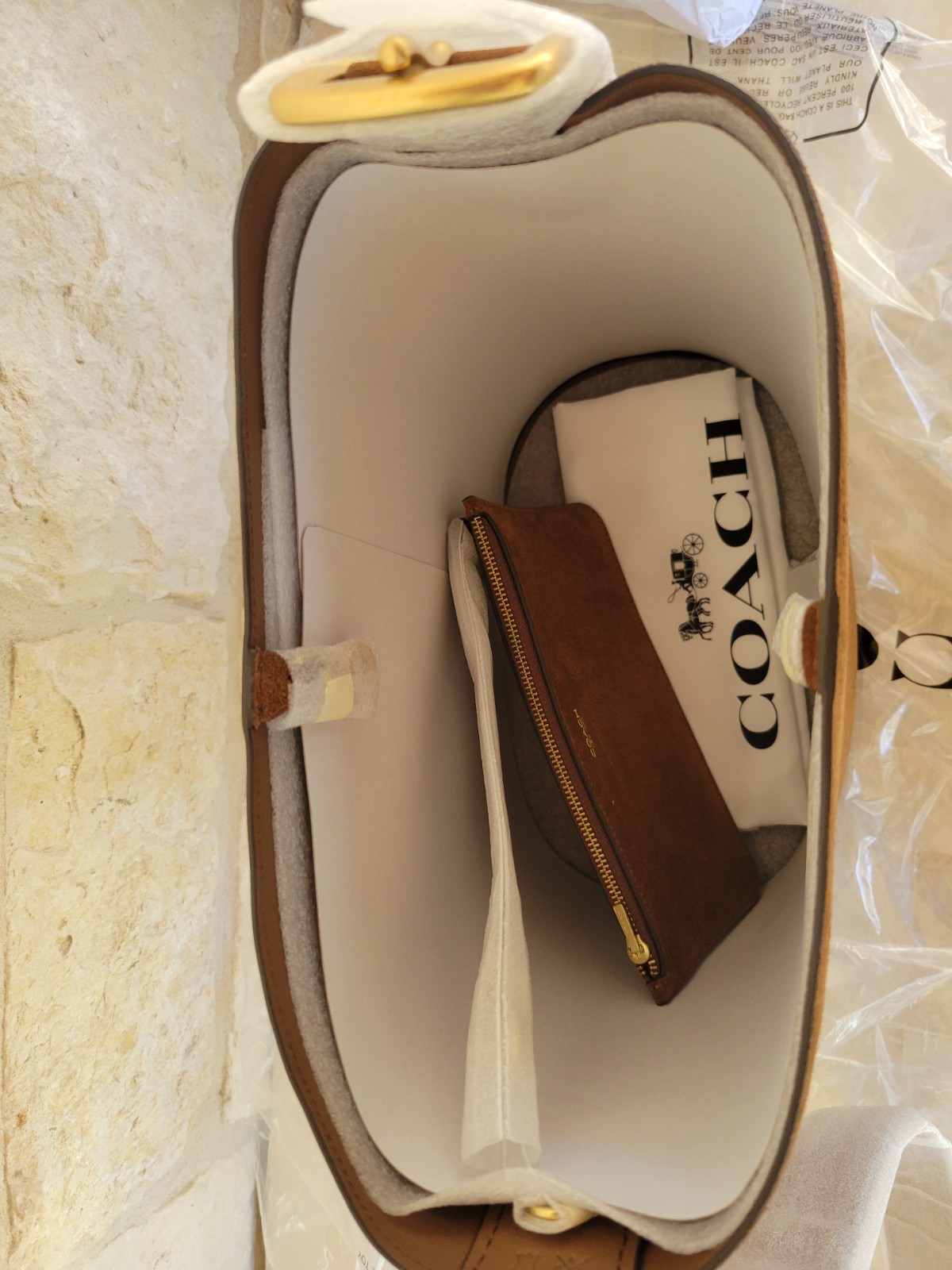 NWT Coach Bleecker Medium Suede Bucket Bag Brass/Warm Brown  In Original Package image 6
