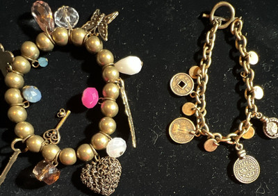 Vintage Brass Beaded Charm Bracelets with Butterfly, Heart, Key Dangle Charms