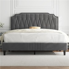 Queen Upholstered Bed Frame with Height Adjustable Headboard/Wooden Slat Support