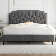 Queen Upholstered Bed Frame with Height Adjustable Headboard/Wooden Slat Support