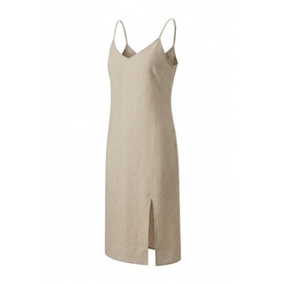 Rachel Zoe 100% Linen Slip Dress Women 6 Beige Midi Smocked Beachy Lagenlook