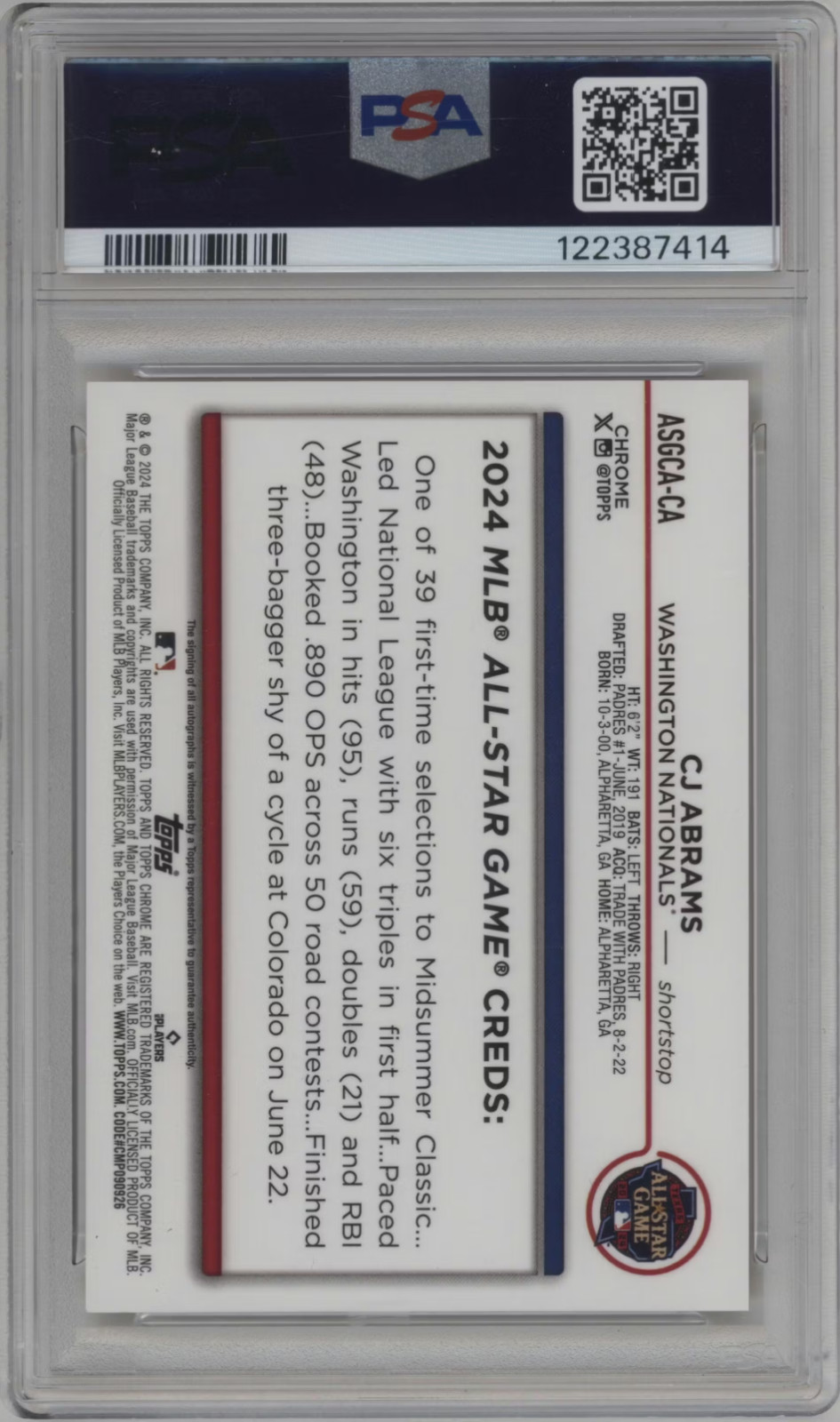 2024 Topps Chrome Update CJ Abrams Gold Auto /50 PSA 10 AUTO 10 POP 1 ASG view 2