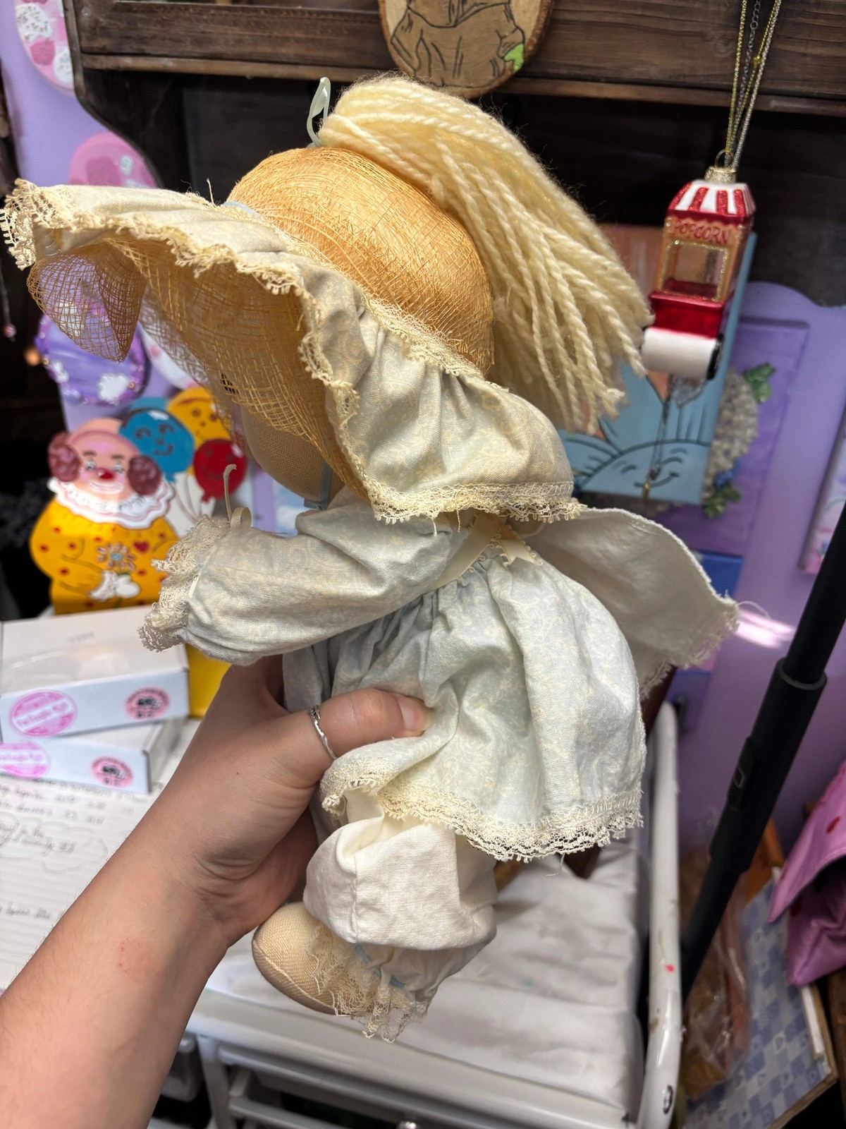 Vintage Handmade Cloth Rag Doll 16” Straw Bonnet Blue Dress Primitive Country