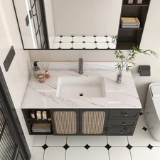 43 Inch Marble Vanity Top, White Vanity Top with 1 Pre-drilled Faucet Holes, Bat