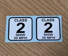 pair - 2-inch Square Class 2 E-Bike Stickers Electric Bike Decals 500W 20 MPH