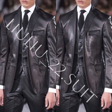 Black Leather Men Suit Fashion Streetshot Wedding Groom Prom Tuxedos Three Piece