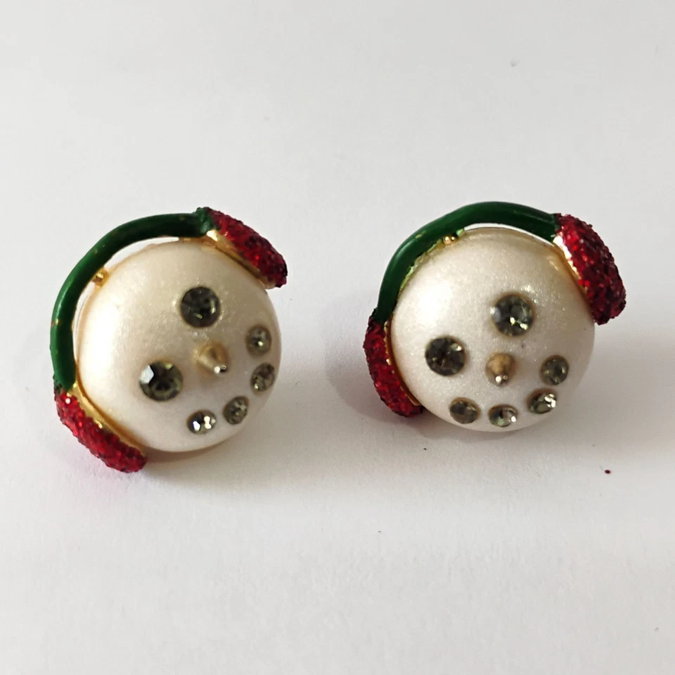 Betsey Johnson Faux Pearl Rhinestone Snowman Stud Earrings Chunky - Image 4 of 4