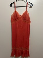 Vintage Vanity Fair Coral Red Lace Nylon Tricot Slip Dress Nightgown Collectible
