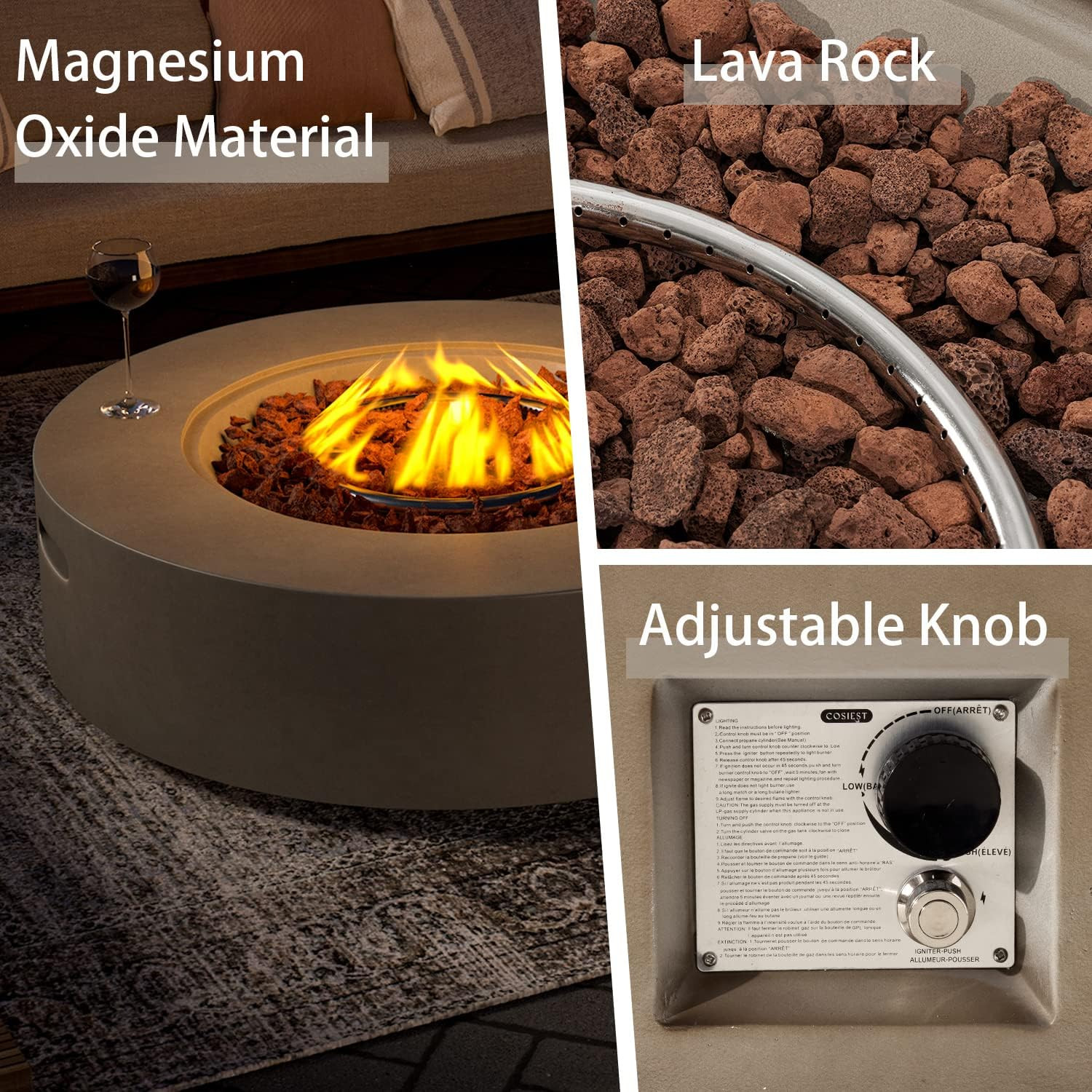 Propane Fire Pit Table, 42" Round, 50,000 BTU, Concrete Finish, Gray