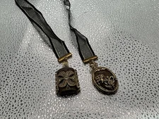 Sheer Black Ribbon Bookmark Ornate Dangle Gold Tone Clear Crystal Stone Pendants