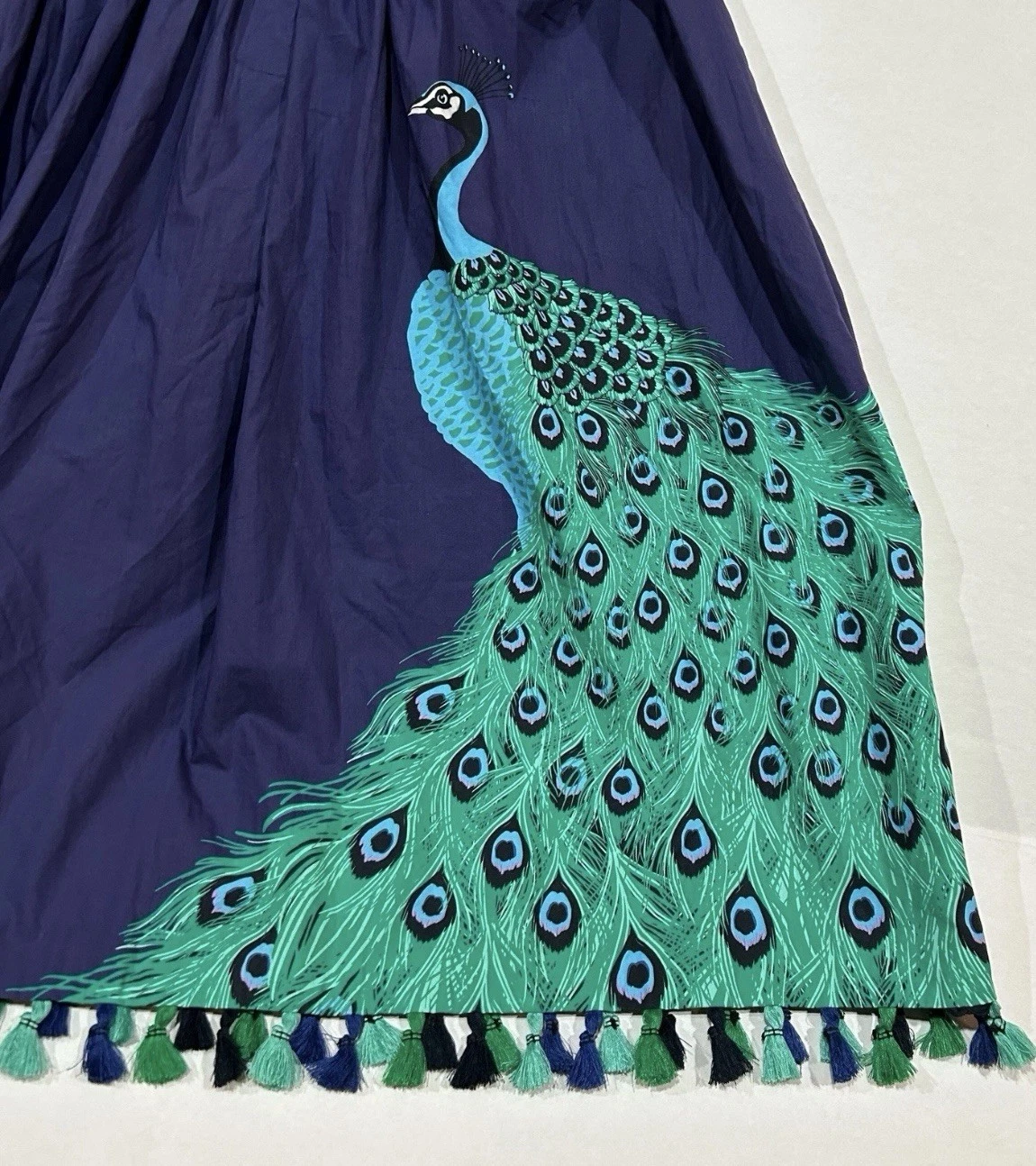 Abito Kate Spade New York taglia 10 full plume pavone popeline nappe blu verde