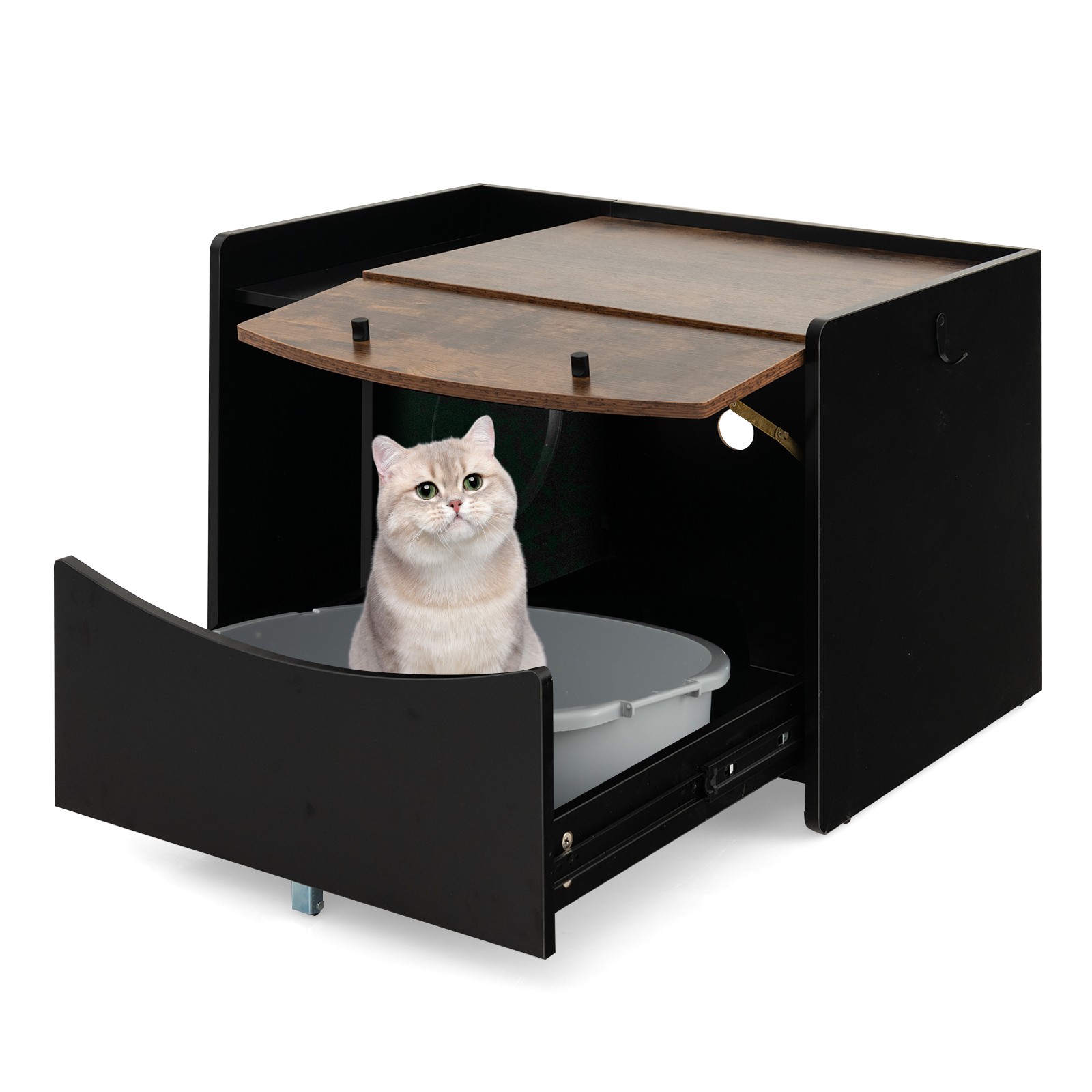 Cat Litter Box Enclosure w/Pull-out Drawer Flip Door Rolling Caster Indoor Black