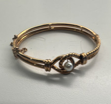 Gold Hinged Bangle Bracelet w/ Safety Chain & White Round Pearl