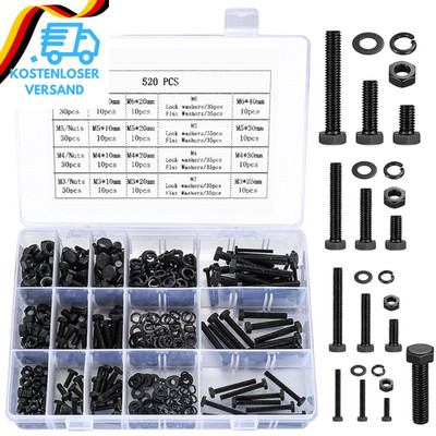 520 STK M3 M4 M5 M6 Schrauben Set, Sechskantschrauben Muttern Set, Schwarz Masch