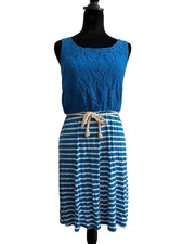 Charming Charlie Sleeveless Blue Striped Dress With Rope Belt - Women’s Small