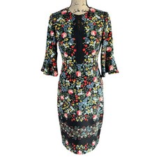 Maggy London Petite Tea Dress Sze 4P Black Floral Keyhole Neck Zip Up Lined Midi