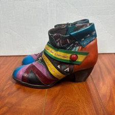SOCOFY Boho Spliced Leather/Fabric Side Zip Ankle Boots Women 39 US 8-8.5