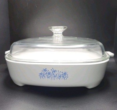 VTG Sears Corning Ware Footed Microwave Browning Dish MW-16 Pyrex Lid A12C USA