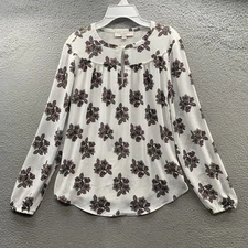 Loft Top Women's S Beige Floral Long Sleeve Front Keyhole Top Blouse Mixed Media