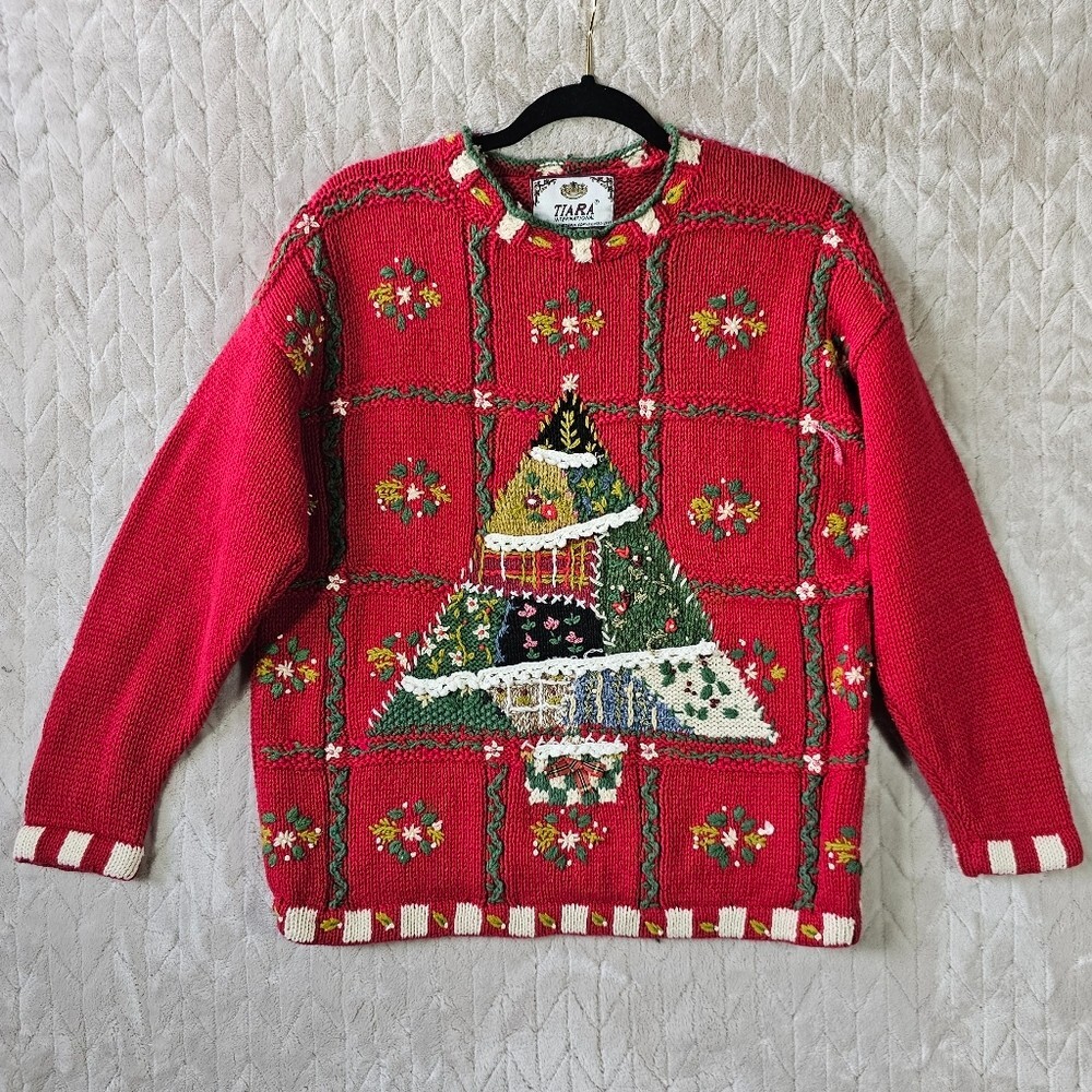 VTG 90s Tiara International Christmas Sweater Womens Small Tree Holiday Ramie