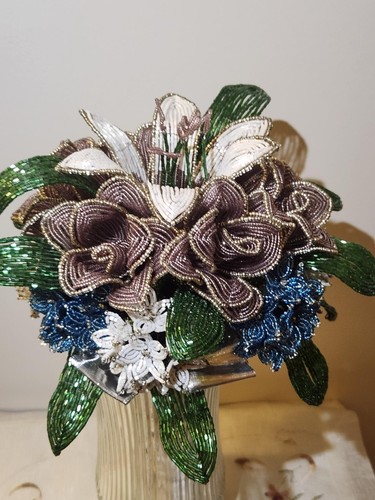 Beaded Flower Wedding Bridal Bouquet W/White Blue Purple Handmade Flowers - Picture 2 of 16