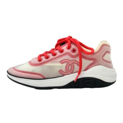 CHANEL Authentic Sneakers Shoes Fabric Red White Mesh Coco