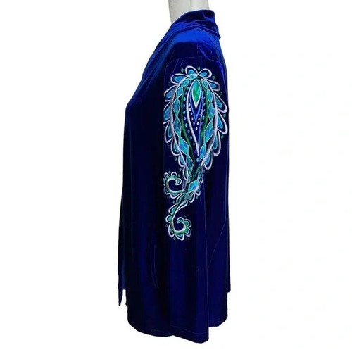 BOB MACKIE WEARABLE ART - VINTAGE ROYAL BLUE VELVET PEACOCK ZIP JACKET - SZ M - Picture 4 of 10