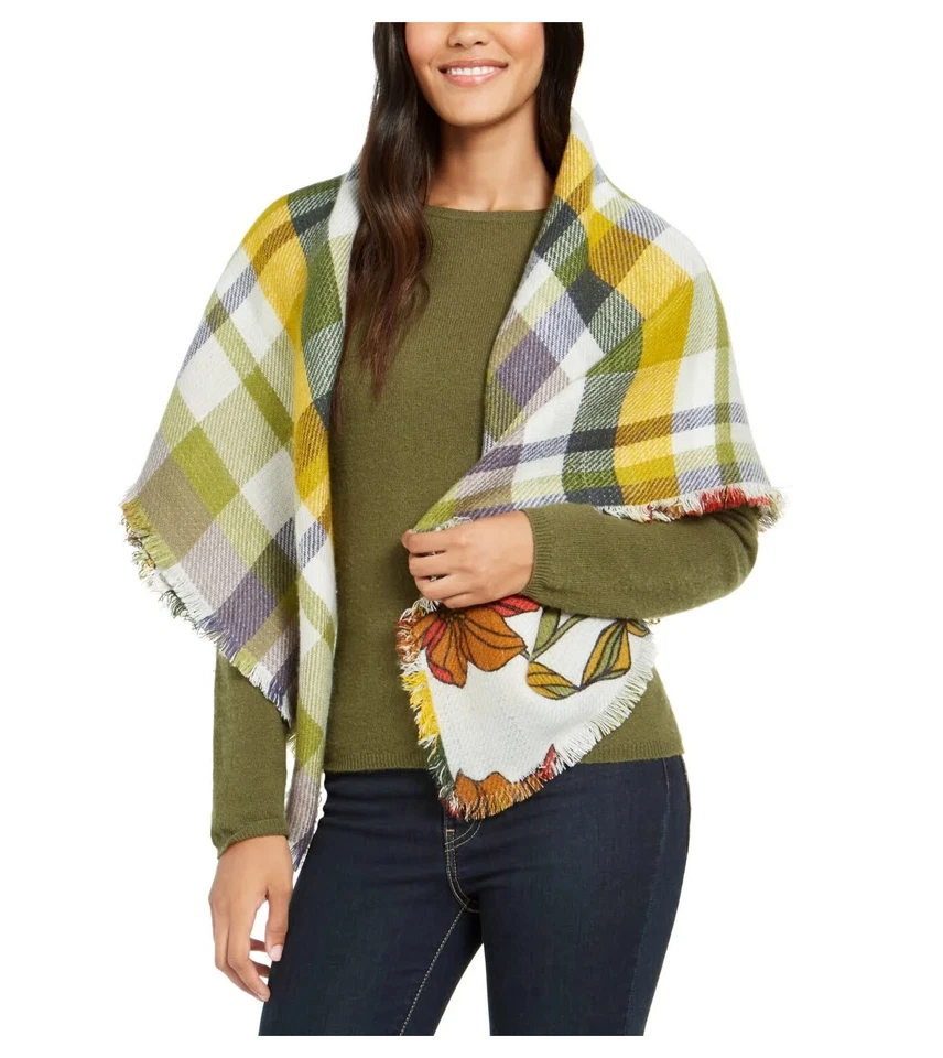 Vince Camuto Plaid to Floral Reversible Face Wrap Scarf | Size 45" x 45" | New - Image 2 of 4