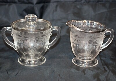 Vintage Glass Sugar (with Lid) Creamer Set-Pressed Etched/Cut Glass Sterling Rim