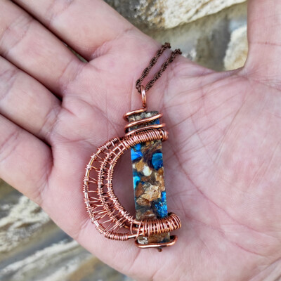 Turquoise Crystal Pendant Pure Copper Wire Wrapped Handmade